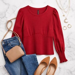Anthropologie Red Long Sleeve Blouse puff sleeve
